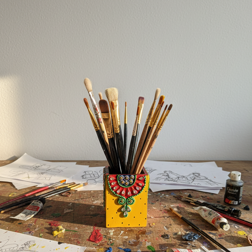 decorative yellow kundan mirror work paint brush holder on an artist's table with sketches and art supplies.