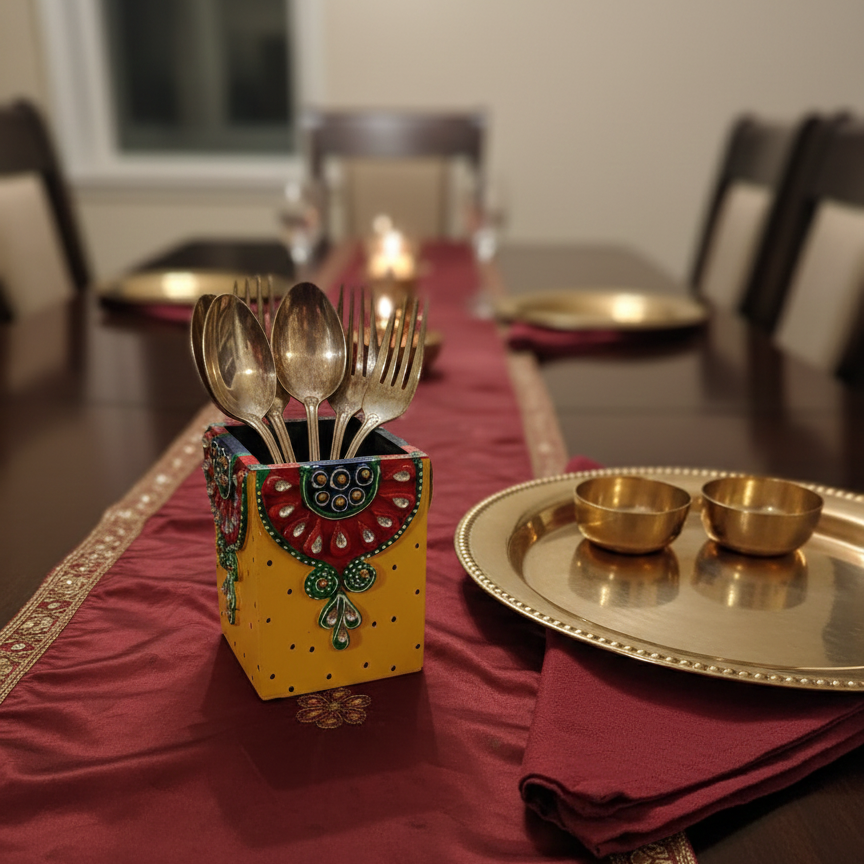 Yellow Kundan Mirror Work Ethnic cutlery holder with spoons on a table set with gold plates and red napkins.