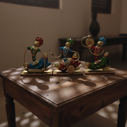 Handcrafted tribal iron musician set placed on a wooden side table, highlighting the intricate metalwork and vibrant colors in dramatic lighting.