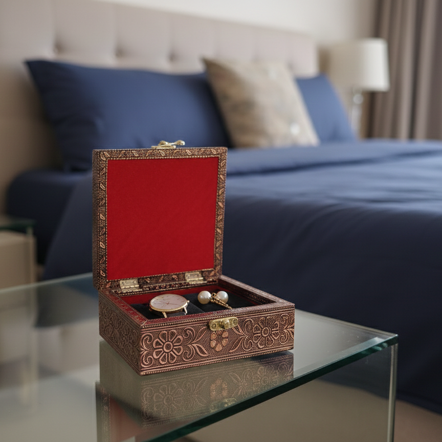Open wooden jewelry organizer box with red velvet lining displayed on a glass bedside table, holding a watch and pearl earrings.