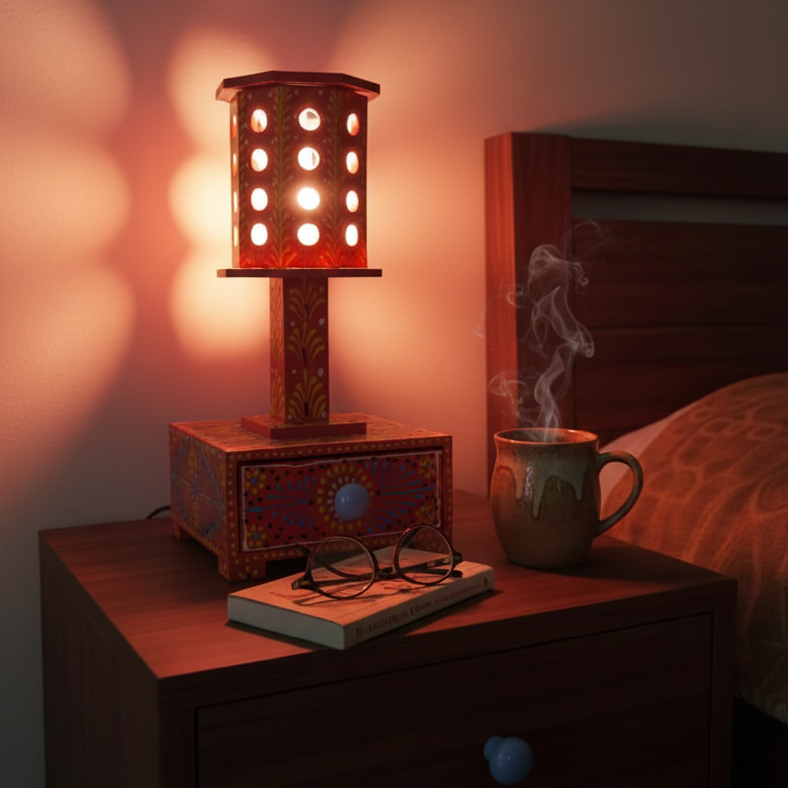 Illuminated wooden bedside lamp creating a warm cozy glow in a bedroom, styled with books and coffee for a reading corner.
