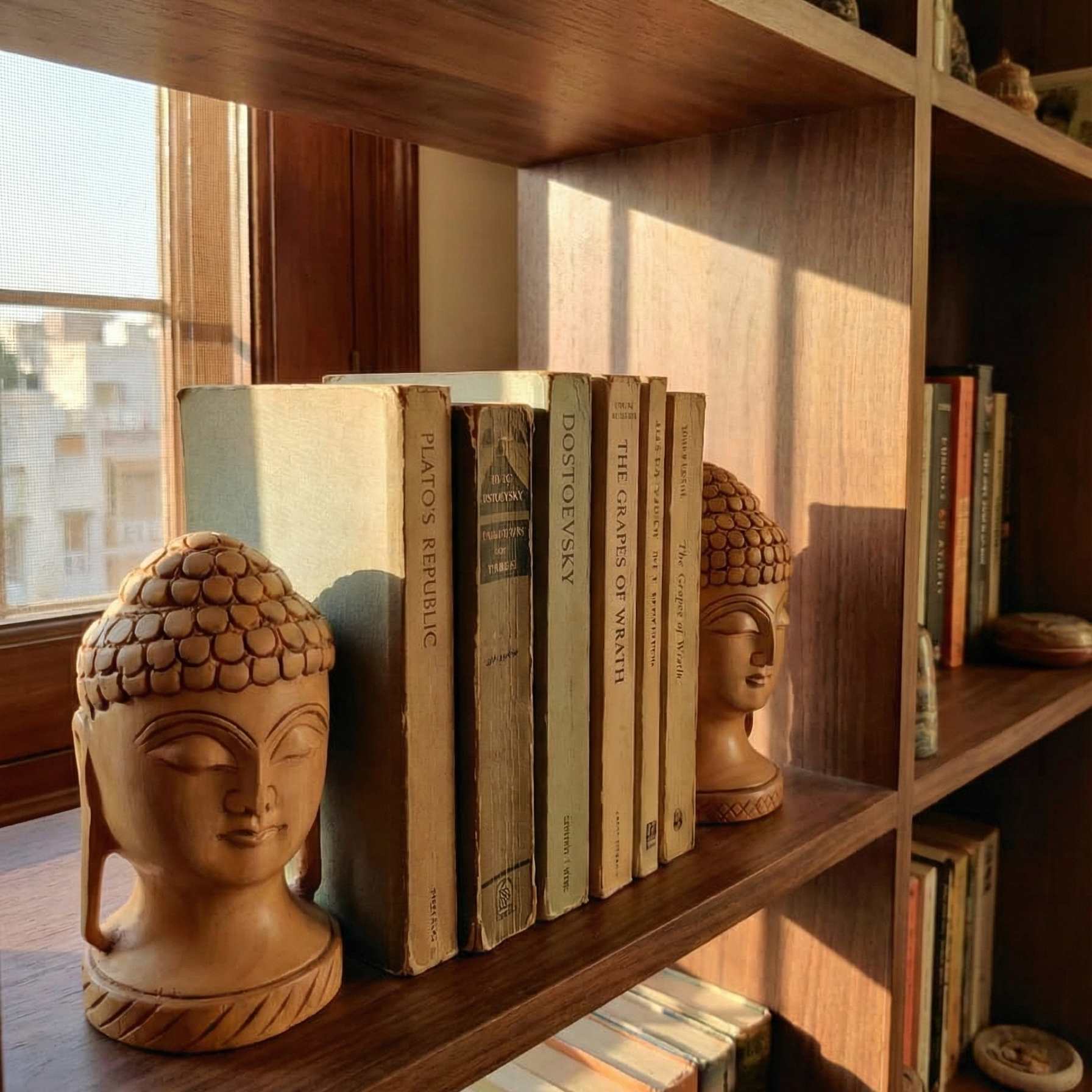 Hand-carved wooden Buddha head statue acting as a serene bookend on a wooden shelf next to classic literature. Elegant home library and study decor.