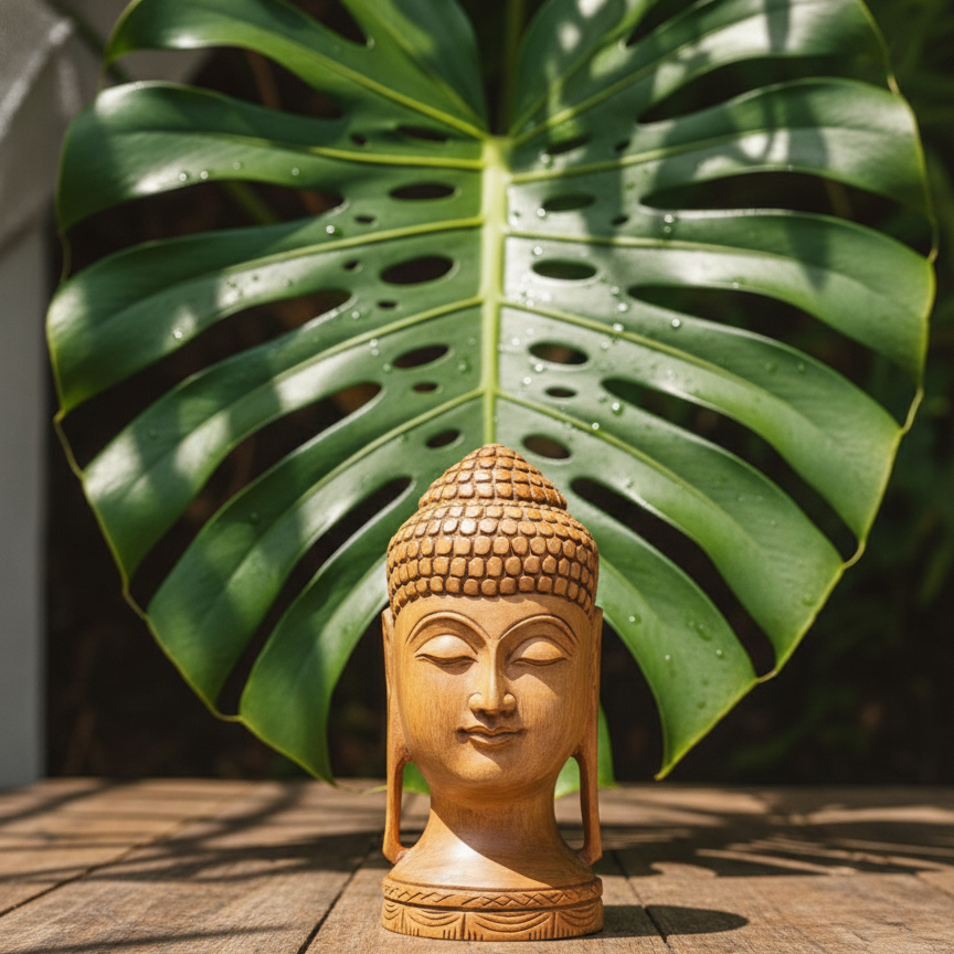 Wooden Buddha head statue placed on a table against a large green Monstera leaf, creating a peaceful Zen garden atmosphere perfect for nature-inspired home or outdoor decor.