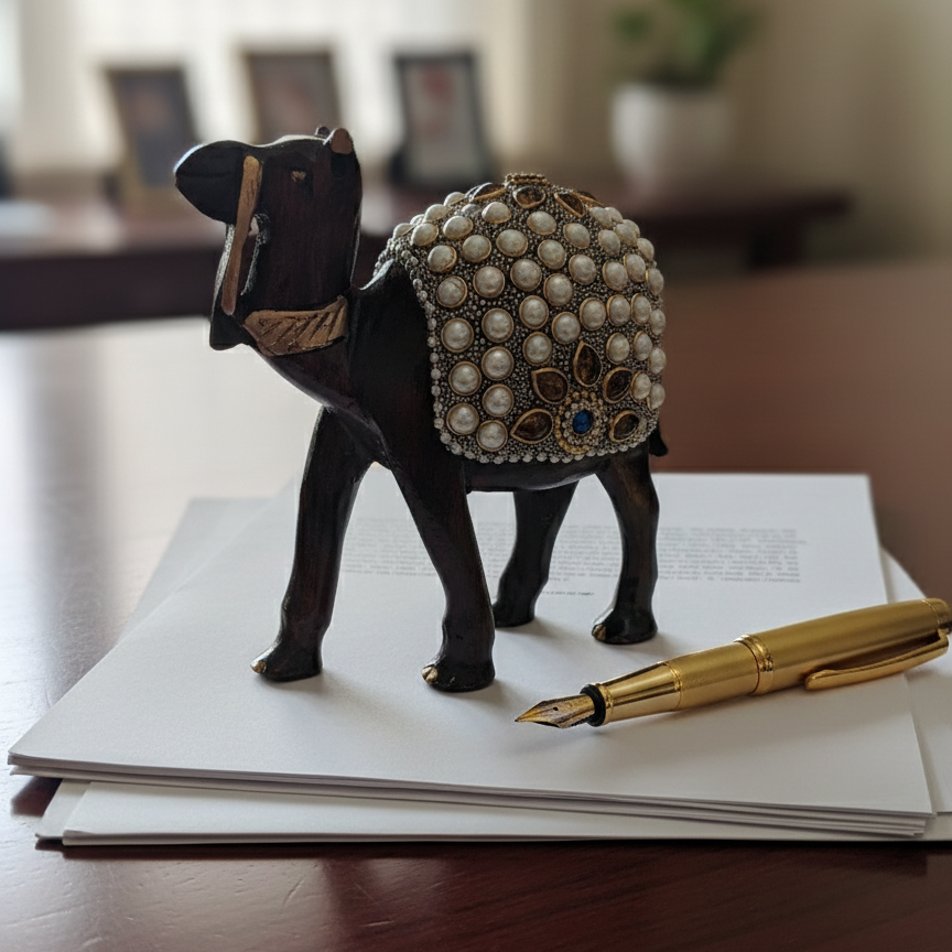 Hand-carved wooden camel figurine with pearl work standing on a stack of documents next to a gold fountain pen, showcased as elegant office desk decor