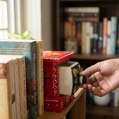 A hand opening the ceramic drawer of a red wooden chest placed on a bookshelf, used as a decorative bookend and storage unit amidst hardcover books like "The Covenant of Water."