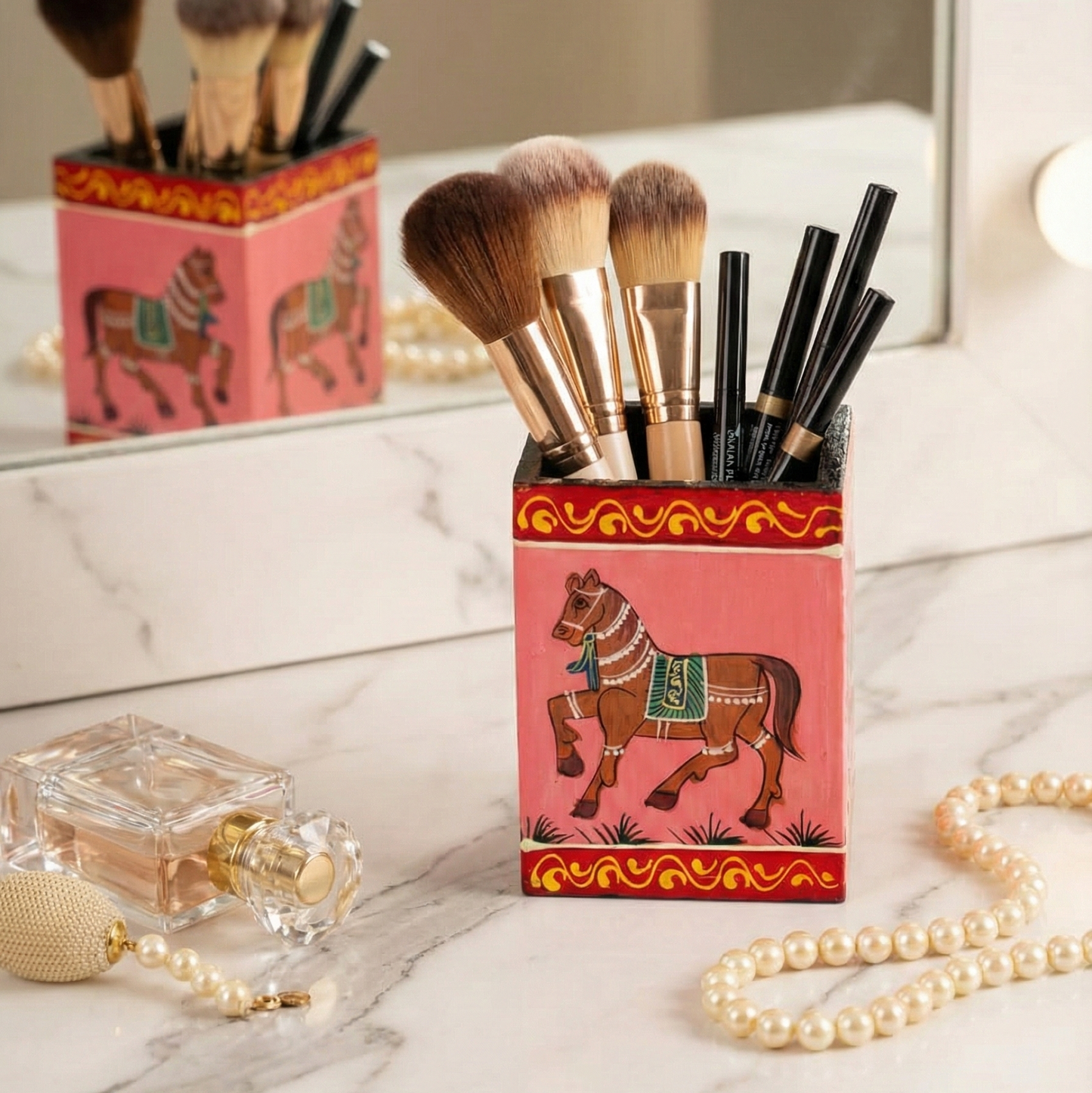 Wooden Haind painted Makeup brushes holder with pink horse design with intricate borders