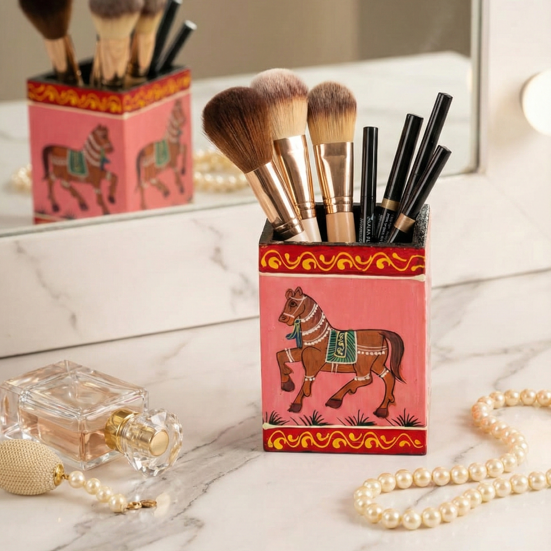 Wooden Haind painted Makeup brushes holder with pink horse design with intricate borders