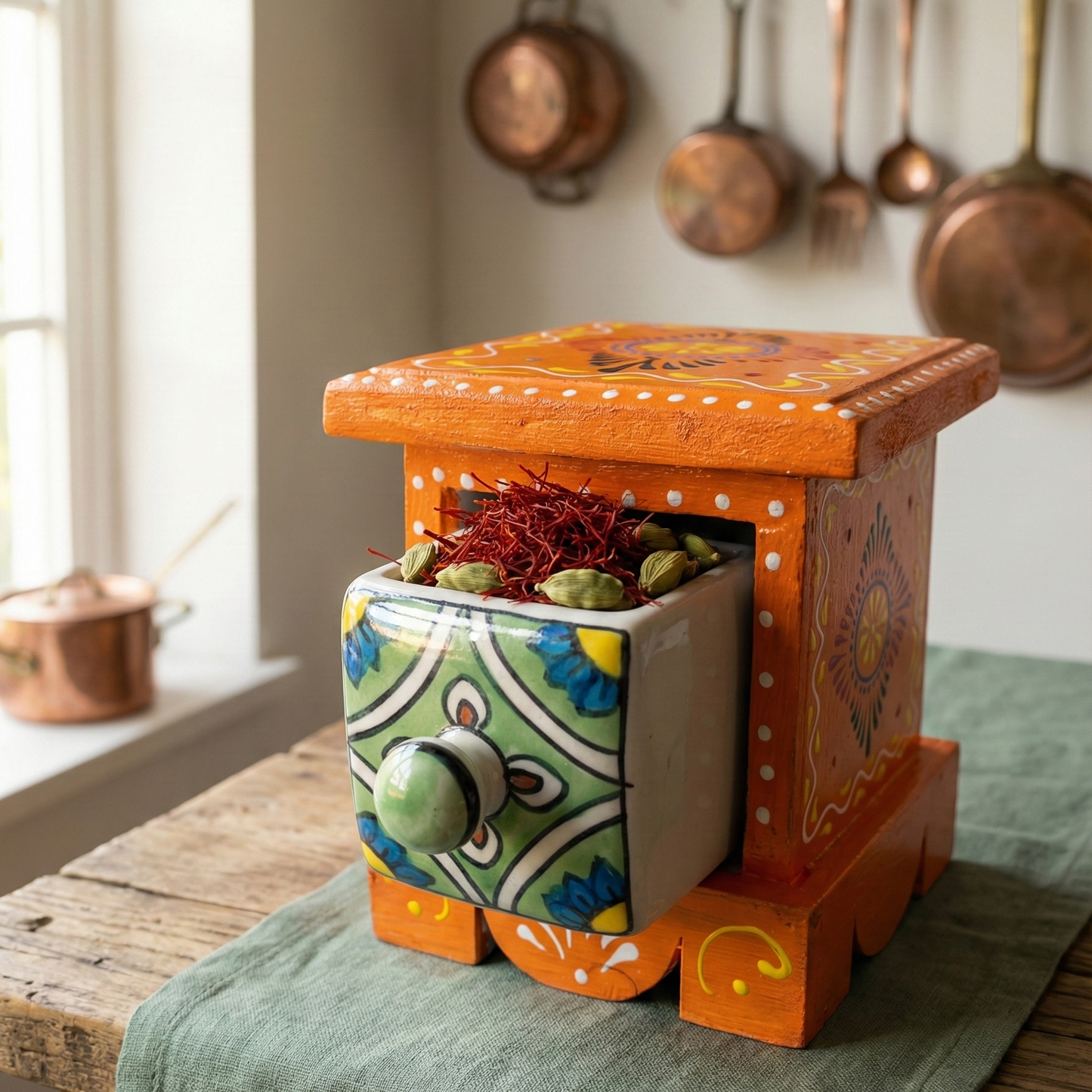 Handcrafted wooden chest with a ceramic drawer open to show saffron and cardamom spices, used as a unique decorative spice box on a kitchen counter with copper cookware in the background.