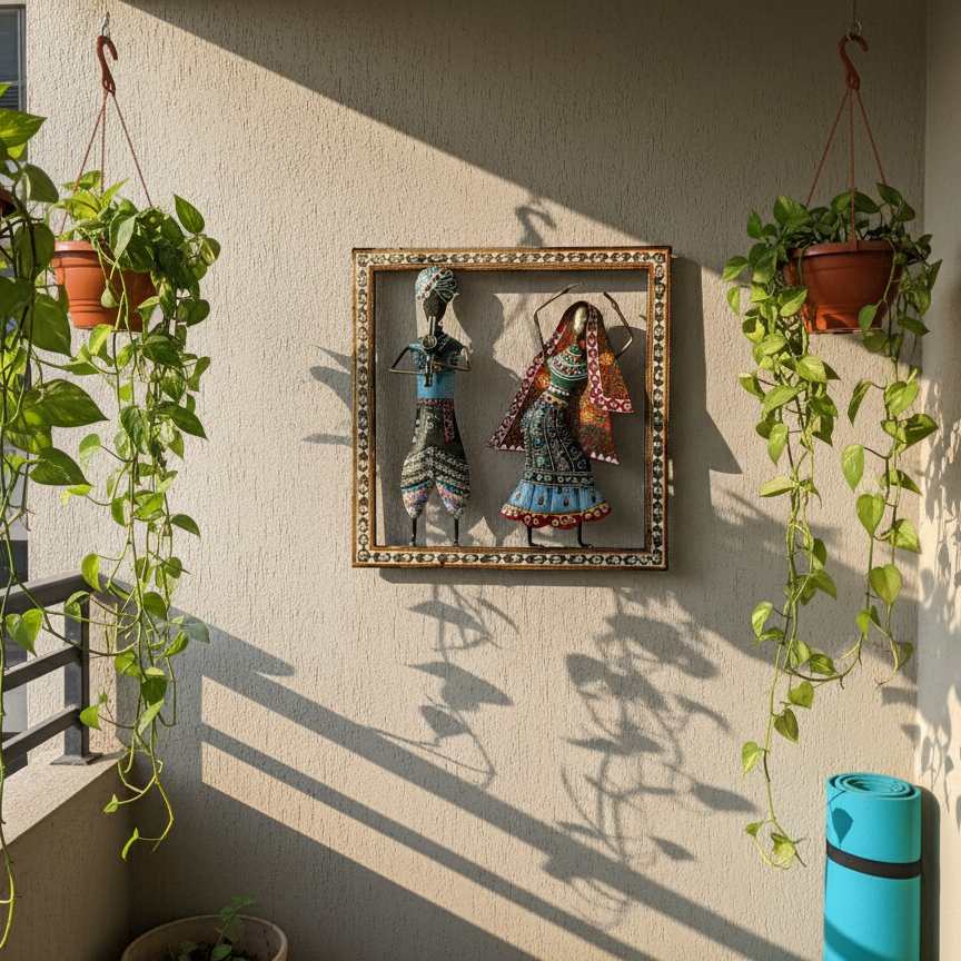 Rajasthani couple wall art hanging on a balcony wall surrounded by money plants. Durable metal wall decor suitable for outdoor or garden styling.